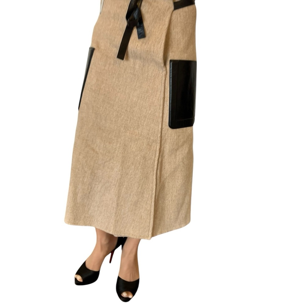 PETER DO Double-face Wool Belted Wrap Midi Skirt Leather Trim Light Camel 38 6 - Picture 7 of 16